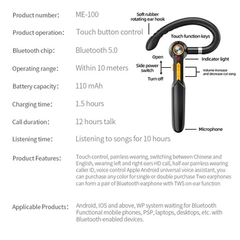 2021 Brezžične Bluetooth Slušalke Eno Uho Kavelj Poslovnih Stereo Slušalke Za Prostoročno Uporabo Športne Slušalke Z Mikrofonom Slušalke