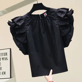 2021 Poletje Novi Japonski Slog korejski Moda za Ženske Bluzo Priložnostne Retro Barva Krog Vratu, ki Plujejo pod Rokavi Preprostost