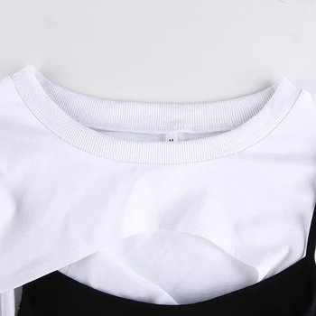 2021 Priložnostne Vrh T-Shirt Dame Nezakonitih Bombaža T-srajce Ženske Harajuku Dolg Rokav T-Shirt Mozaik Povoj Votlih Out Majica s kratkimi rokavi