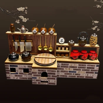 DIY Lesene Miniaturni Kitajski Kuhinjski Prostor Lutka Hiša Kompleti Casa Pohištvo Villa Lutke Sestavljeni Igrače za Odrasle Xmas Darila