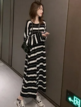 Jeseni Vestidos Novo 2021 Korejski Moda Mid-Dolžina Črtasto Pleteno Obleko, Leni Slog Zvončnica Mehko In Tanko Dolgo Obleko