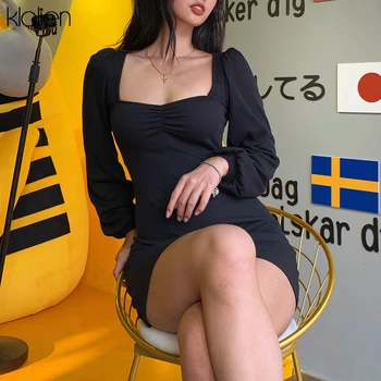 KLALIEN Harajuku čisto pletenje poln rokav nizko rezano obleka ženske 2019 urad dama ulica priložnostne črna rdeča preprosto seksi mini obleka