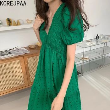 Korejpaa Ženske Obleke 2021 Poletje Korejski Retro Chic Globoko V-Neck Design Votlih Gube, Tanka Visoka Vitka Velika-Dolžina Vestidos