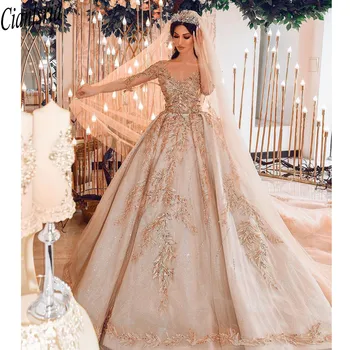 Luksuzni Šampanjec Poročne Obleke Cvet Čipke Appliques Zlato Beaded Poročne Plus Velikost Žogo Obleke Poroko Goens Meri Arabski