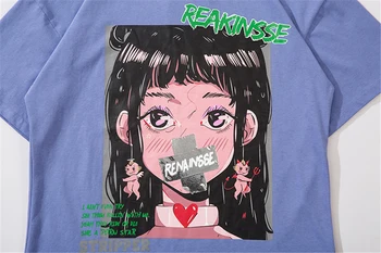 Moški Ulične Hip Hop Anime Dekle Tiskanje T Shirt Kratek Rokav Prevelik T shirt Pari Harajuku Priložnostne Bombaž Ulične Vrhovi