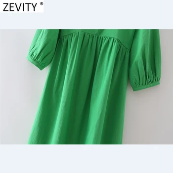 Zevity Nove Ženske Mode V Vratu Robom Pleat Ruffles Zelena Midi Obleka Elegantna Urad Dame Tri Četrtletja Rokav Priložnostne Vestido DS8664