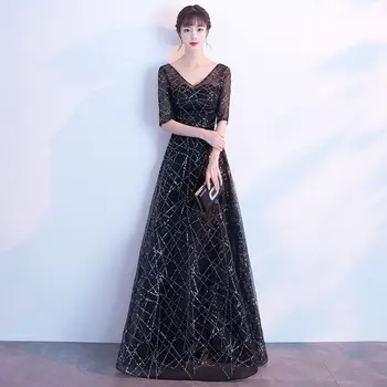 Črna bleščica elegantno pol rokavi vestidos de fiesta de noche prom stranka, Večerne Obleke haljo de soiree Proti-vrat 2020 nova