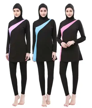 Ženske Dolg Rokav Muslimanskih Kopalke Kontrast Barve Hooded Hidžab arabski Islamski Plavati Surf Obrabe Burkinis kopalke Plus Velikost 5XL